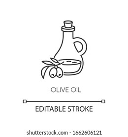 Olive oil pixel perfect linear icon. Vegan component. Food seasoning. Extra virgin oil. Thin line customizable illustration. Contour symbol. Vector isolated outline drawing. Editable stroke