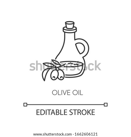Olive oil pixel perfect linear icon. Vegan component. Food seasoning. Extra virgin oil. Thin line customizable illustration. Contour symbol. Vector isolated outline drawing. Editable stroke