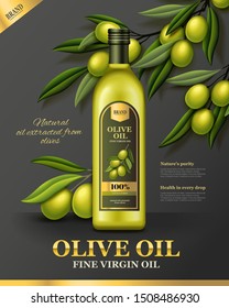 Olive oil poster ads with fresh olive branch in 3d illustration