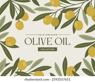 Olive Oil Poster. Advertisement banner or label template with olive tree branches, olives and text. Design element for packaging or bottle of cold pressed olive oil. Flat vector illustration