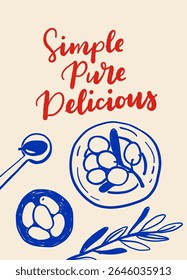 Olive oil poster with hand drawn bottle, olives, bread and hand written text in blue ink on beige background. Vintage style vector illustration