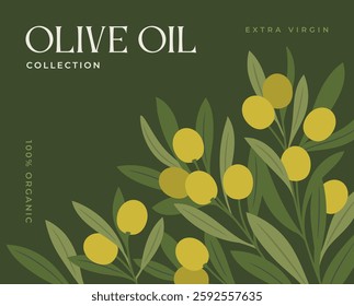 Olive Oil Poster. Label template or packaging and bottle design for extra virgin olive oil. Banner with olive tree branches, olives and text. Organic product. Flat vector illustration