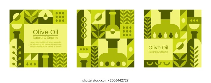 Olive oil posters with geometric pattern. Social media banners of organic food. Bottle label design with abstract geometric pattern of green olive, tree leaves, bottles, vector illustration