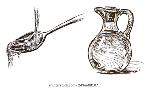 Olive oil poured into spoon, flows, healthy foods, oil bottle with handle and stopper, sketch, cooking, vector, hand drawing, isolated on white