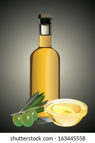 An olive oil pourer and some olives on the branch