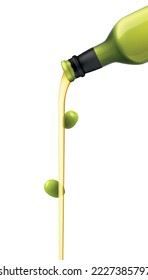 Olive oil pouring from glass bottle realistic vector illustration