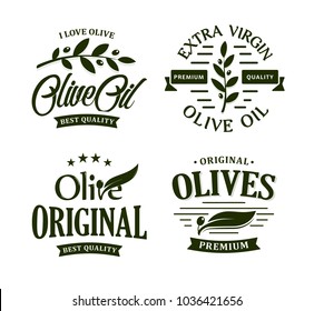 Olive oil premium quality. Olives branch vintage label collection. Extra virgin emblem set. Healthy products retro green vector logo template. Organic cosmetics. Eco food. Natural element.