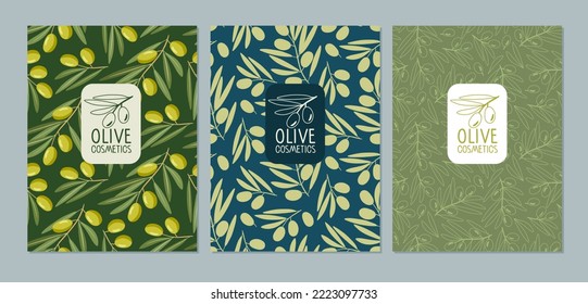 Olive oil product. Packaging Olive cosmetics Design set. Patterns with olive tree branches and labels. Flat vector illustration for natural organic cosmetics. Hand drawn Olive seamless pattern set.