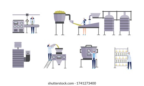 Equipo de producción de aceite de oliva - trabajadores de fábricas de alimentos que presionan y refinan aceitunas en botellas de aceite. Ilustración vectorial de dibujos animados aislada en fondo blanco.