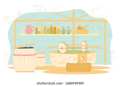 Olive Oil Production Flat Cartoon Vector Illustration. Pressing Olives, Filtrating Liquid and Pouring into Bottles. Manufacturing, Barrels with Organic Product. Shelves with Packaged Containers.
