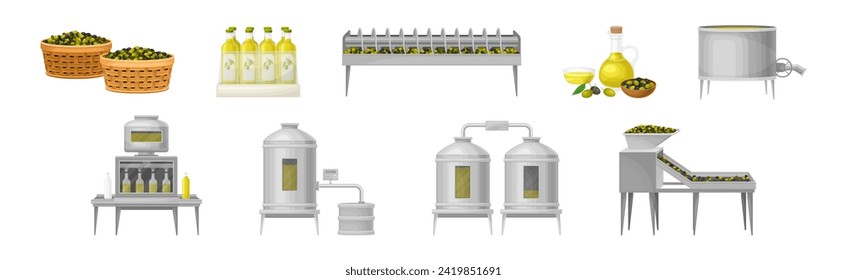 Olive Oil Production and Manufacture Process Vector Illustration Set