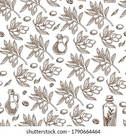 Olive oil production, natural organic ingredient for food and body care seamless pattern. Container with fatty liquid, vegan or vegetarian supplement. Monochrome sketch outline, vector in flat style