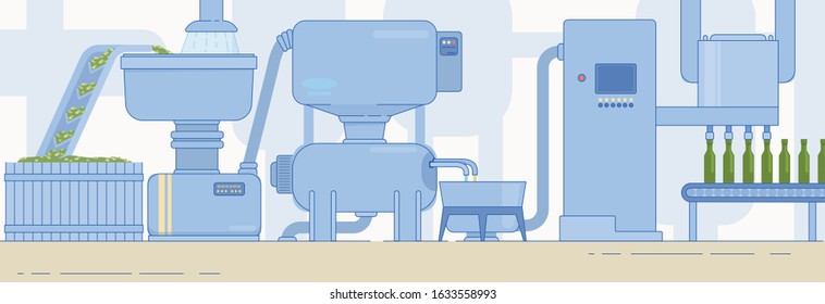 Olive Oil Production, Preserving and Packaging Industry Equipment. Factory Conveyor for Food Manufacturing. Farmers Agricultural Products Processing Enginery. Flat Cartoon Vector Illustration.