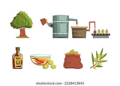 Olive oil production set. Olives harvesting, crushing, pressing and packaging cartoon vector illustration