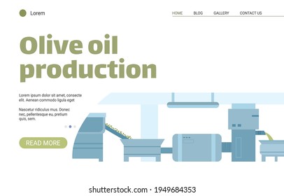 Olive oil production website with oil extraction equipment vector illustration.