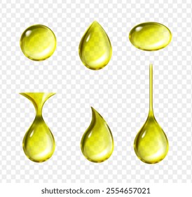 Olive oil realistic drops. Transparent dripping oil liquid elements isolated. Droplets set Vector illustration