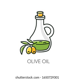 Olive oil RGB color icon. Vegan component. Exfoliating and moisturizing effect for skincare. Traditional food seasoning. Extra virgin oil. Cosmetic ingredient. Isolated vector illustration