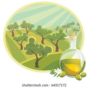 Olive oil with rural scene