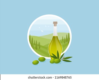 Olive oil with rural scene in the background. Olive oil in a bottle on the background of a country landscape. Vector flat illustration.