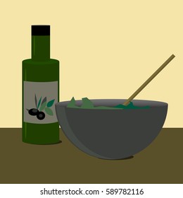 Olive Oil And Salad- Vector Illustration