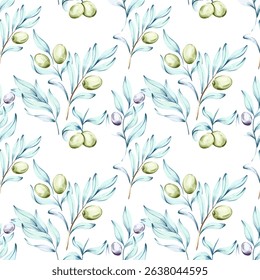 Olive and olive oil seamless pattern background wallpaper featuring watercolor illustrations inspired by Italian cuisine nature and beauty in nutrition