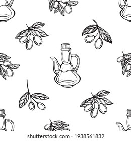 Olive oil seamless pattern. Olive branch pattern. Hand-drawn vector illustration