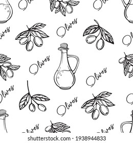 Olive oil seamless pattern. Olive branch pattern. Hand-drawn vector illustration