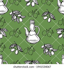 Patrón de aceite de oliva sin soldadura. Patrón de rama de olivo. Ilustración vectorial dibujada a mano