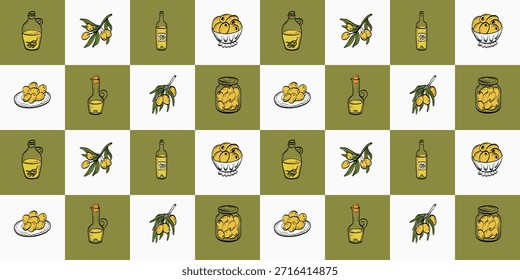 Olive und Olivenöl nahtloses Muster in sauberer Linie Kunst mit Zweigen, Gläsern, Flaschen und Schalen. Ideal für mediterrane Menüs, Verpackungen, Rezepte und die natürliche Lebensmittelmarke.
