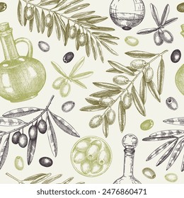 Olive oil seamless pattern. Olive tree branches background in retro style. Food design. Hand-drawn vector illustration. NOT AI generated.