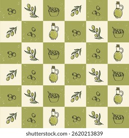 Olive oil seamless pattern in vintage green grid. Seamless olive and oil bottle pattern in rustic style with green-beige blocks and texture.