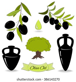 Olive oil set. Olive branches, olive tree, olive oil drop