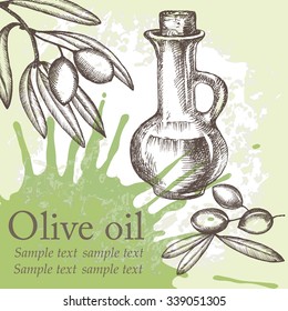 Olive oil set. Grange background. Hand drawn illustrration.Olive branch and a bottle of olive oil.