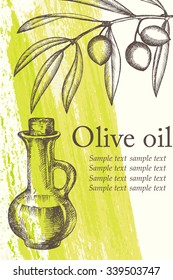 Olive oil set. Grange background. Hand drawn illustration.Branch and olives.