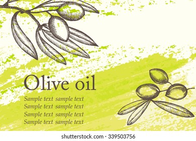 Olive oil set. Grange background. Hand drawn illustration.Branch and olives.