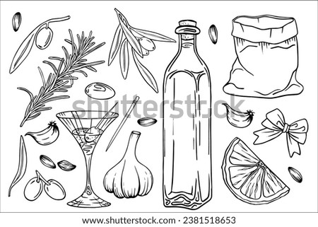 Olive oil set, graphic, vector, hand drawn doodle. Elements for food, sunflower, olives, branch, bag, lemon, kitchen board, extra virgin bottle. Martinki, glass of cocktail.
