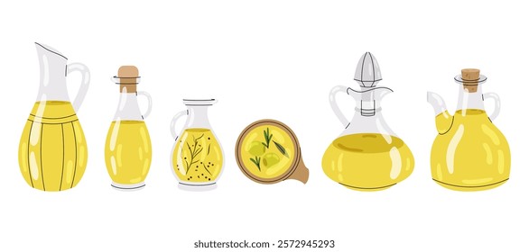 Olive oil. Set of hand drawn glass bottle with olive oil isolated on a white background. Organic olive products.