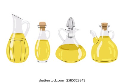 Olive oil. Set hand drawn glass bottle with olive oil isolated on white background. Organic olive products.