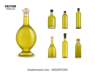 Olive oil set. Isolated organic extra virgin olive oil glass bottle with label design template icons. Healthy natural food emblem collection. Vegetarian product ingredient vector illustration