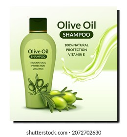 Olive Oil Shampoo Creative Promotion Banner Vector. Shampoo Blank Bottle And Liquid Splash For Washing, Berry And Leaf Harvest On Advertising Poster. Style Concept Template Illustration