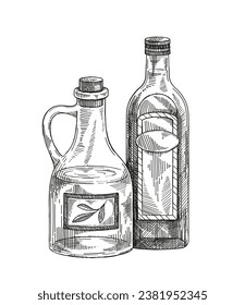 Olive oil sketch. Minimalistic creativity and art. Engraved silhouette of bottles. Ingredient for food preparation. Template and layout. Linear flat vector illustration isolated on white background