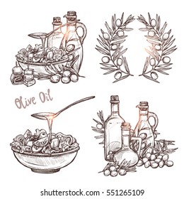 Olive Oil Sketch Set. Four Monochrome Olive Oil Concepts In Hand Drawn Style