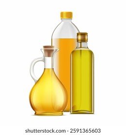 Olive oil, sunflower or rapeseed oil in glass bottles and jug. Packaging templates. Isolated on white background. Vector illustration.