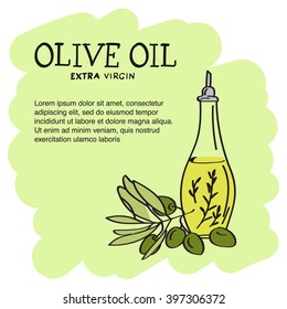 Olive oil template on light green background with hand drawn olive oil bottle, olive oil branch and berries.