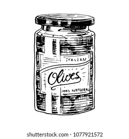 Olive oil of trees in bottle or jar with stickers and emblems. Organic vegetarian product. Black fruit for cooking food. Engraved hand drawn in old vintage sketch. Vector illustration.