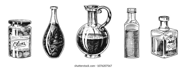 Olive oil of trees in bottle and jars with stickers and emblems. Organic vegetarian product. Black fruit for cooking food. Engraved hand drawn in old vintage sketch. Vector illustration.