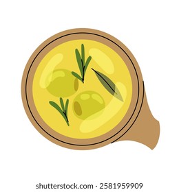 Olive oil with twig rosemary. Oil in wooden bowl. Canned green olive. Flat illustration on white background.