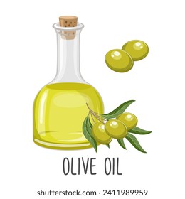 Olive oil and twigs with olives and leaves. Food illustration, vector