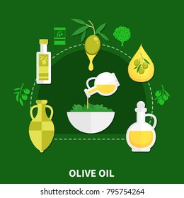 Olive oil in various packaging, bowl with salad flat composition on green background vector illustration