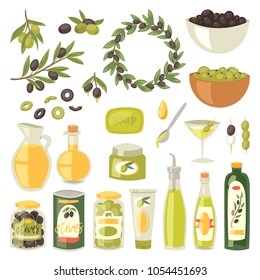 Olive oil vector bottle with virgin olivaceous ingredients for vegetarian food illustration set of olivebranch or olivet for wreath isolated on white background